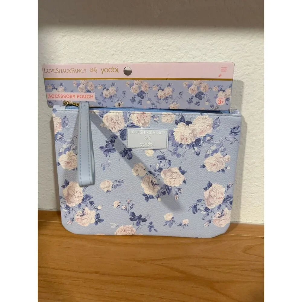 LoveShackFancy x Yoobi Blue Floral Accessory Wristlet Cosmetic Makeup Bag NWT